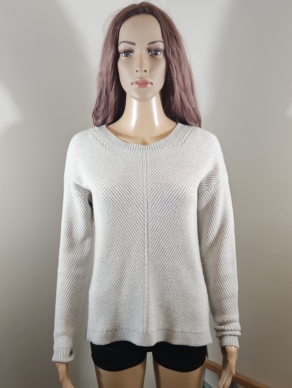 Aritzia Wilfred Merino Wool Cream Ribbed Crewneck Sweater Top Soft Knit